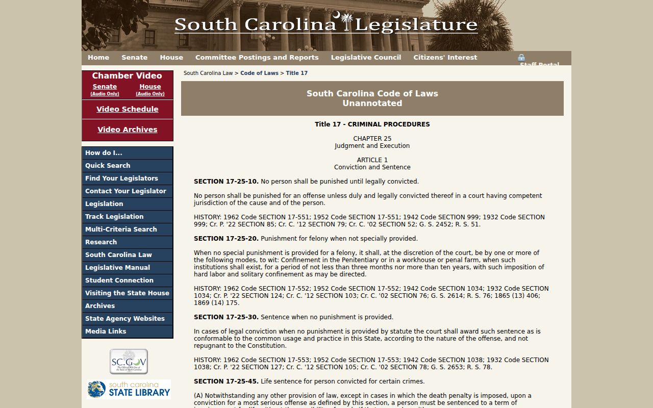 South Carolina sentencing and criminal procedure code page
