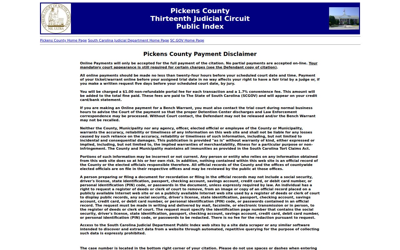 Pickens County criminal case file landing page in Public Index