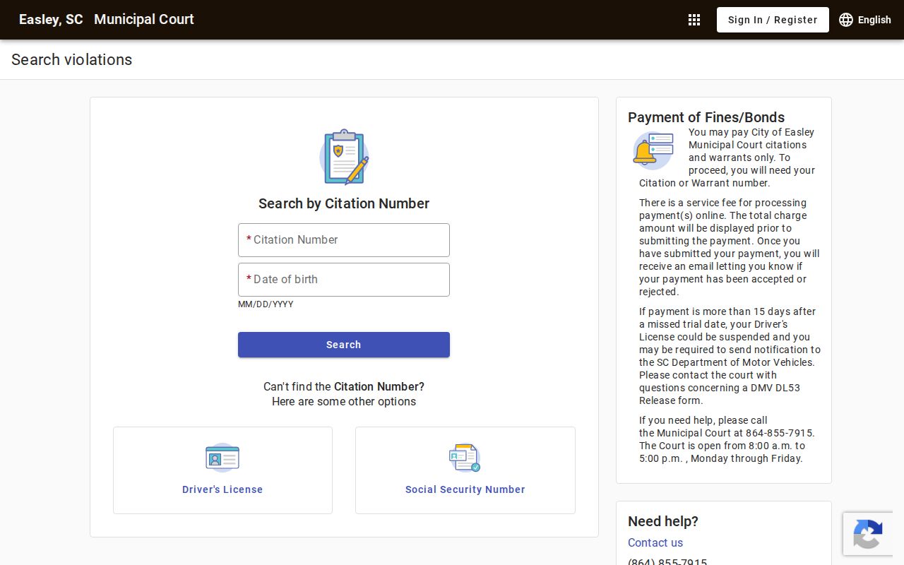 Easley Municipal Court citation search screen