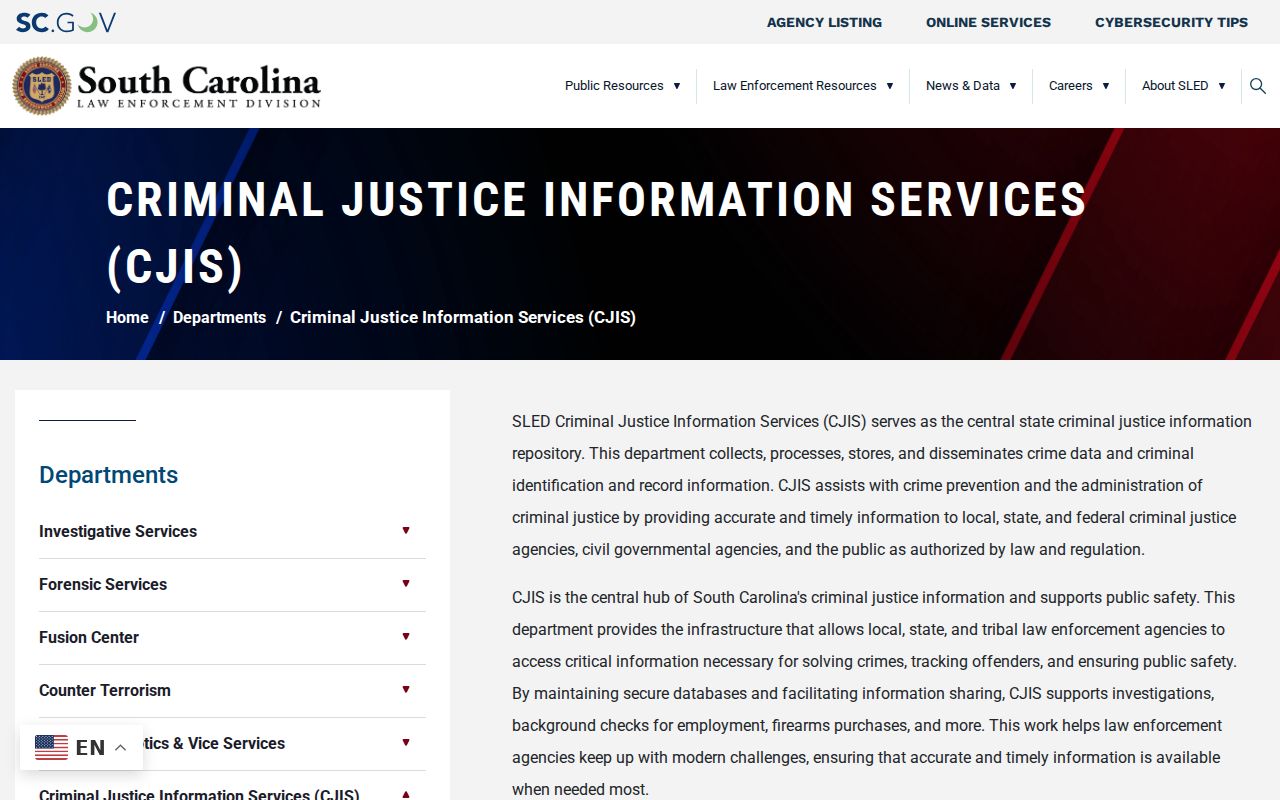 Pickens County criminal history repository at SLED CJIS