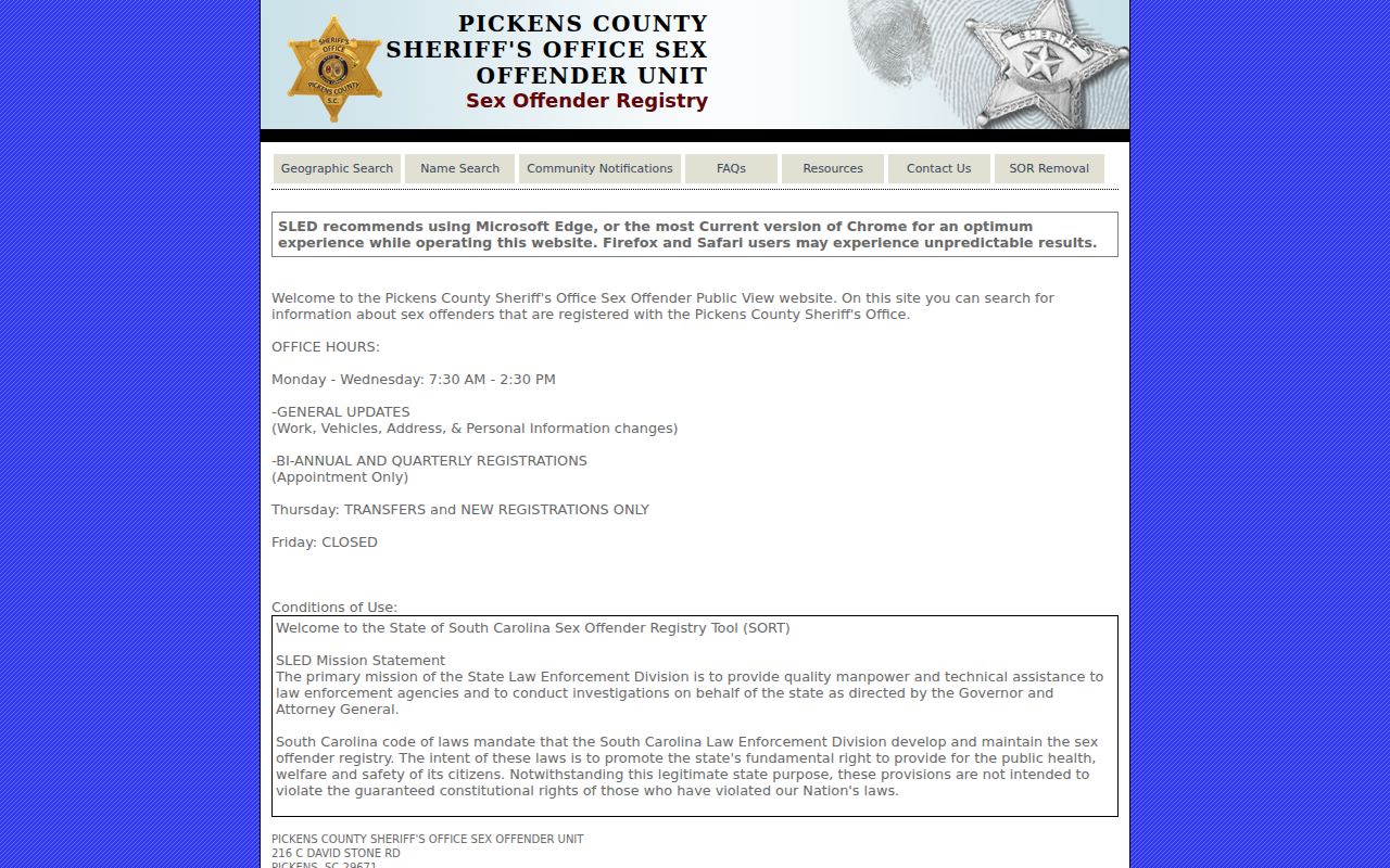 Pickens County sex offender search through the SORT portal